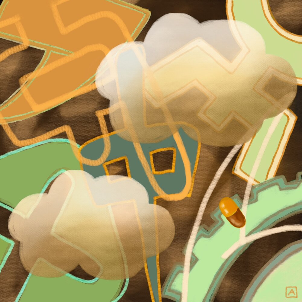 Brown, orange and green cloud and bolt study