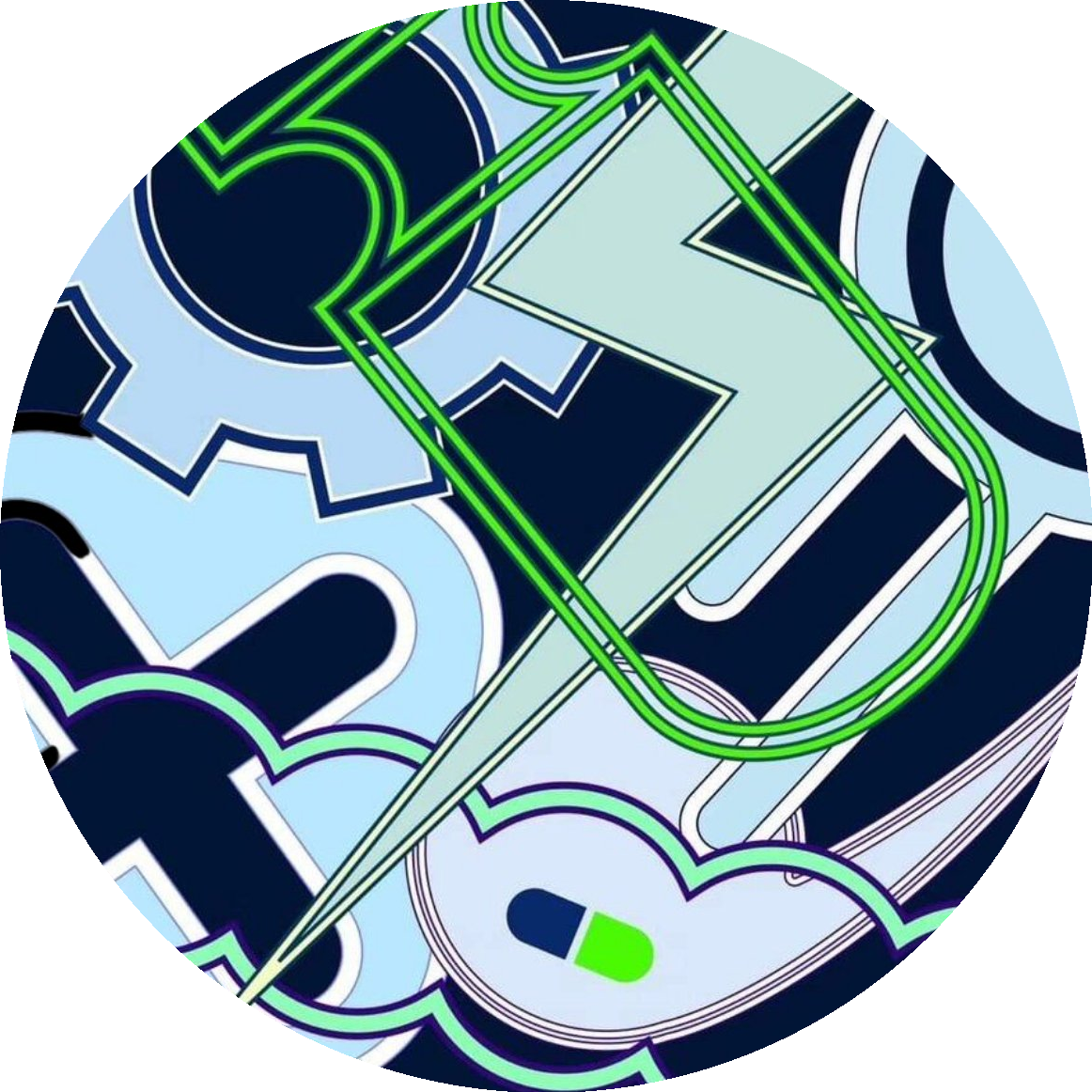 Round composition, blue and green