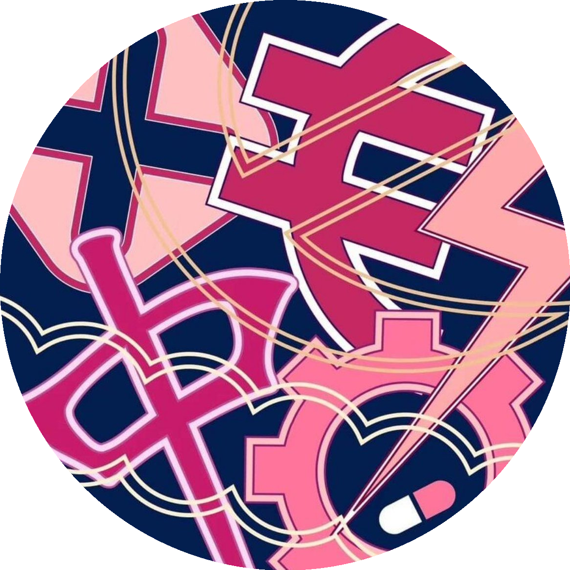 Round composition, navy and pink