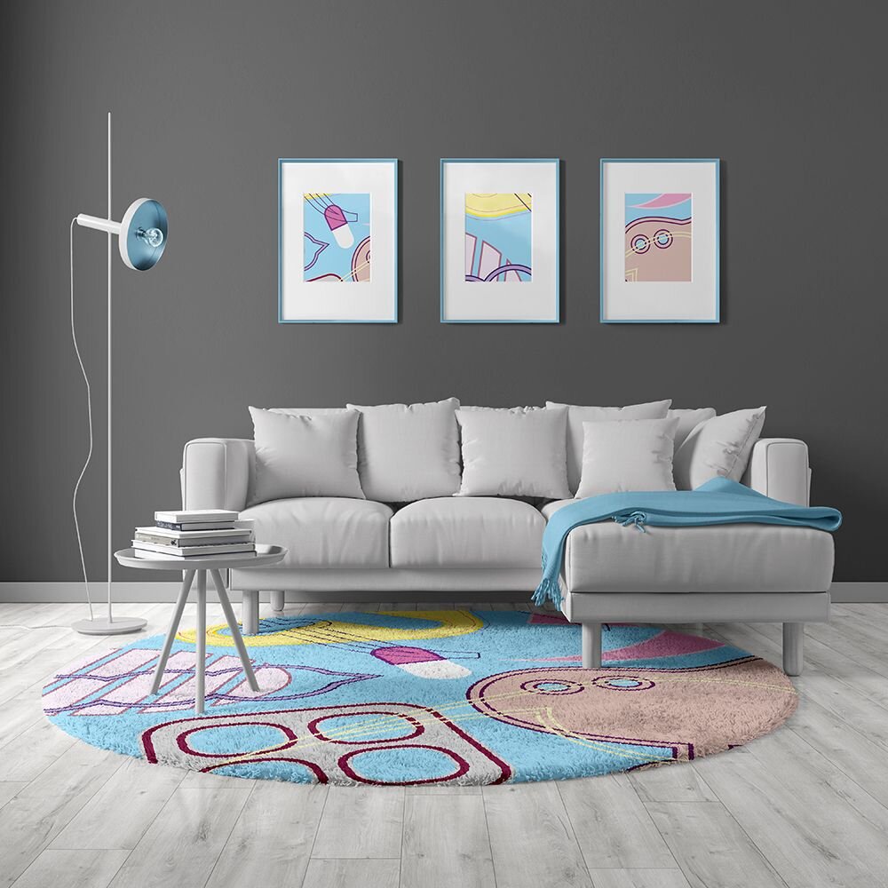 Blue and pink round rug