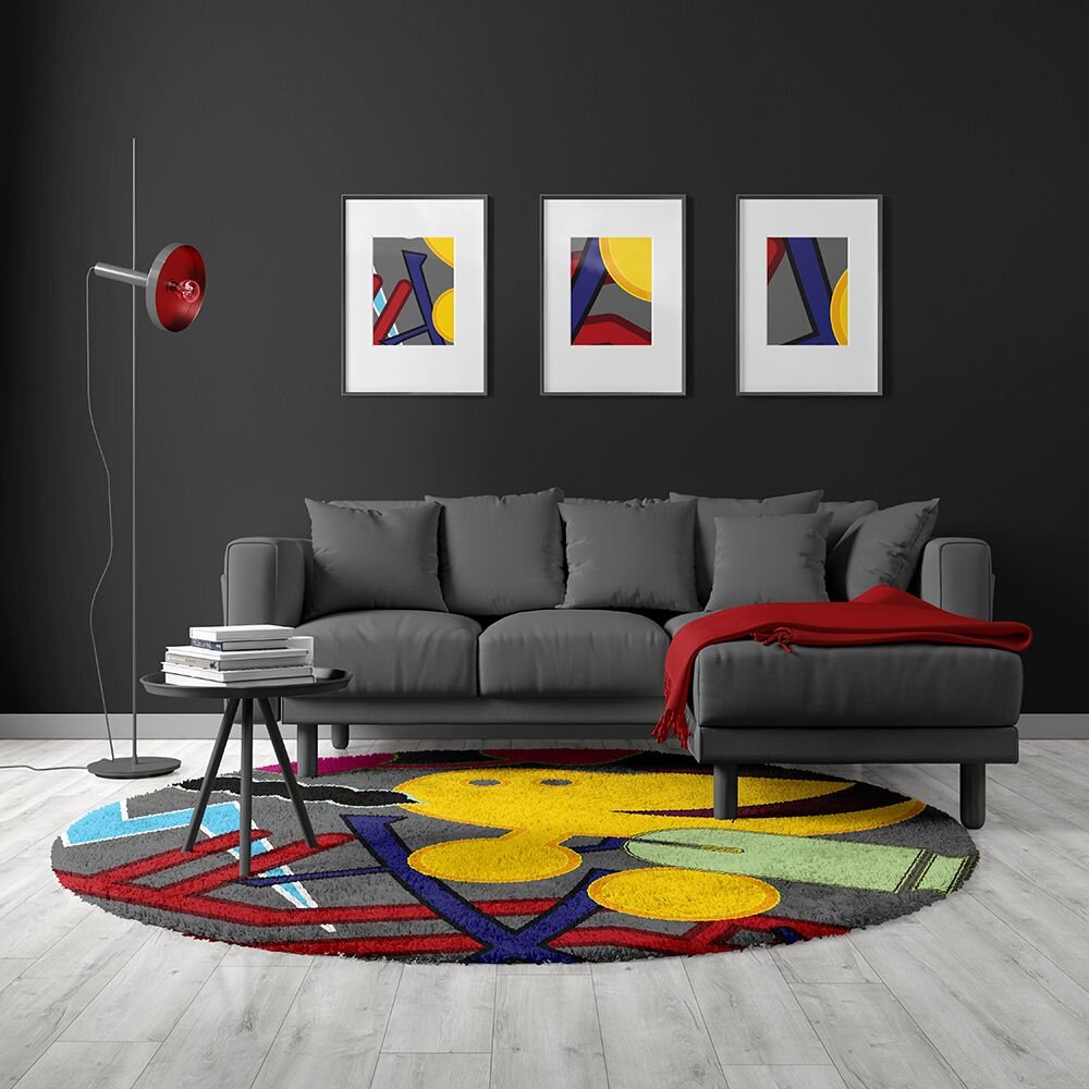 Red, yellow and blue round rug
