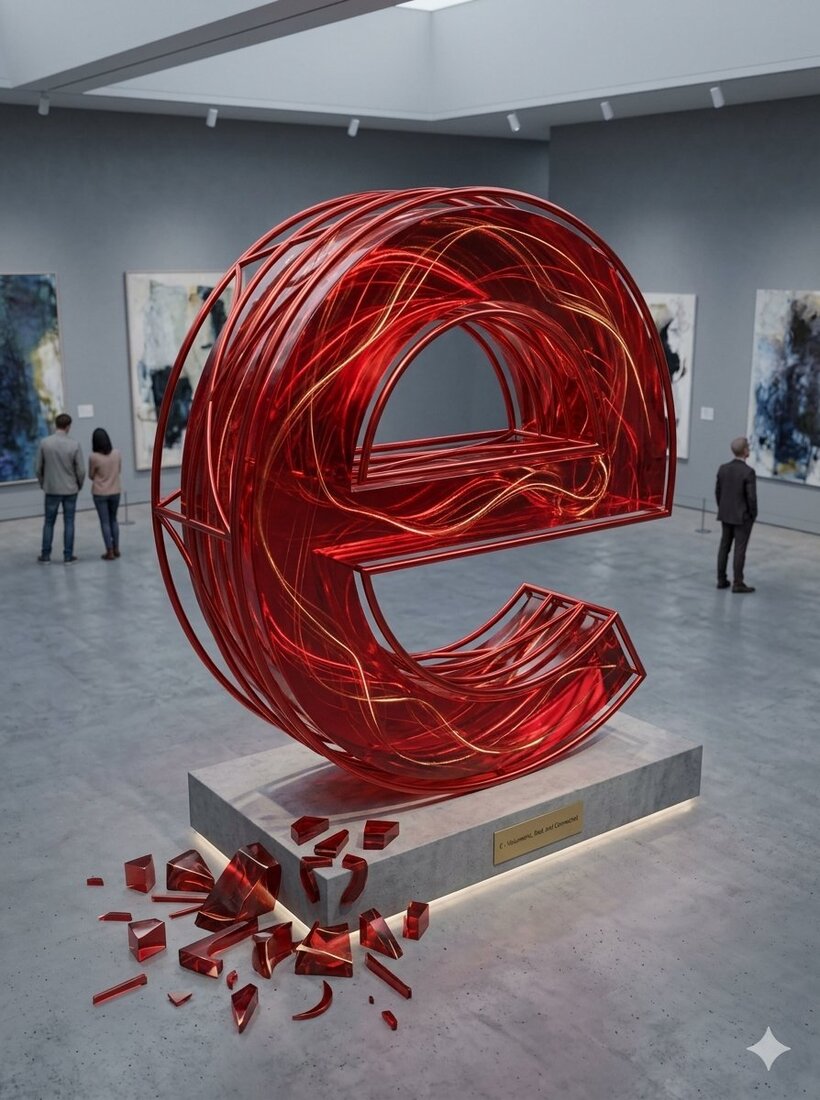 Red letter e sculpture with light trails