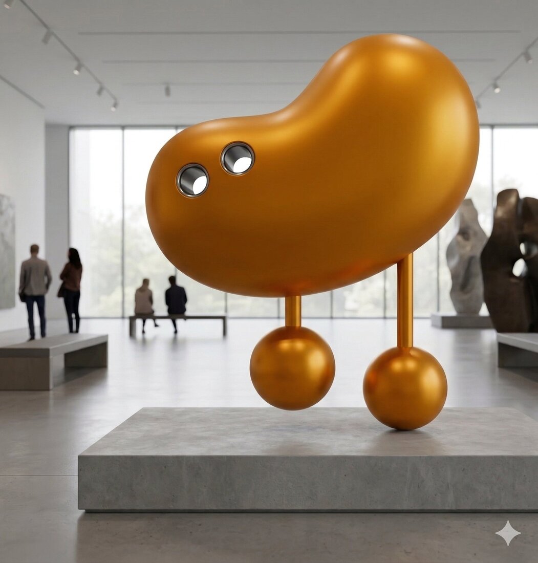 Gold bean-shaped sculpture in gallery