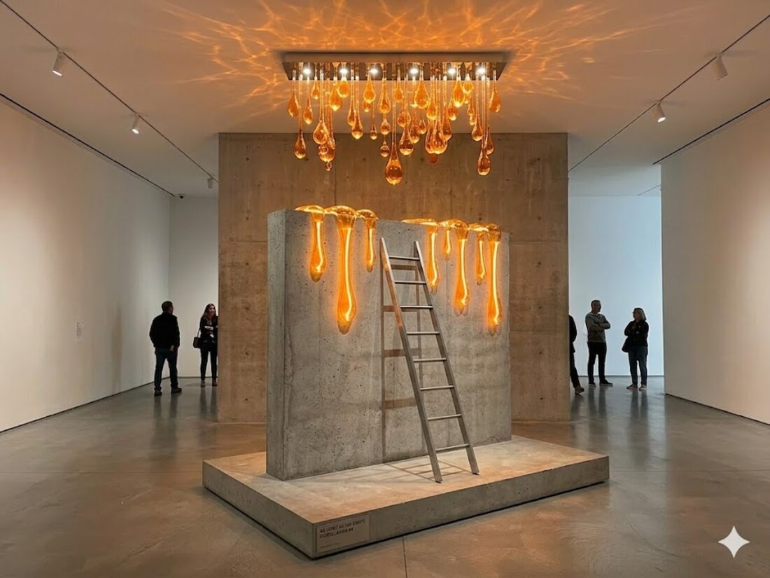 Amber glass droplet chandelier installation
