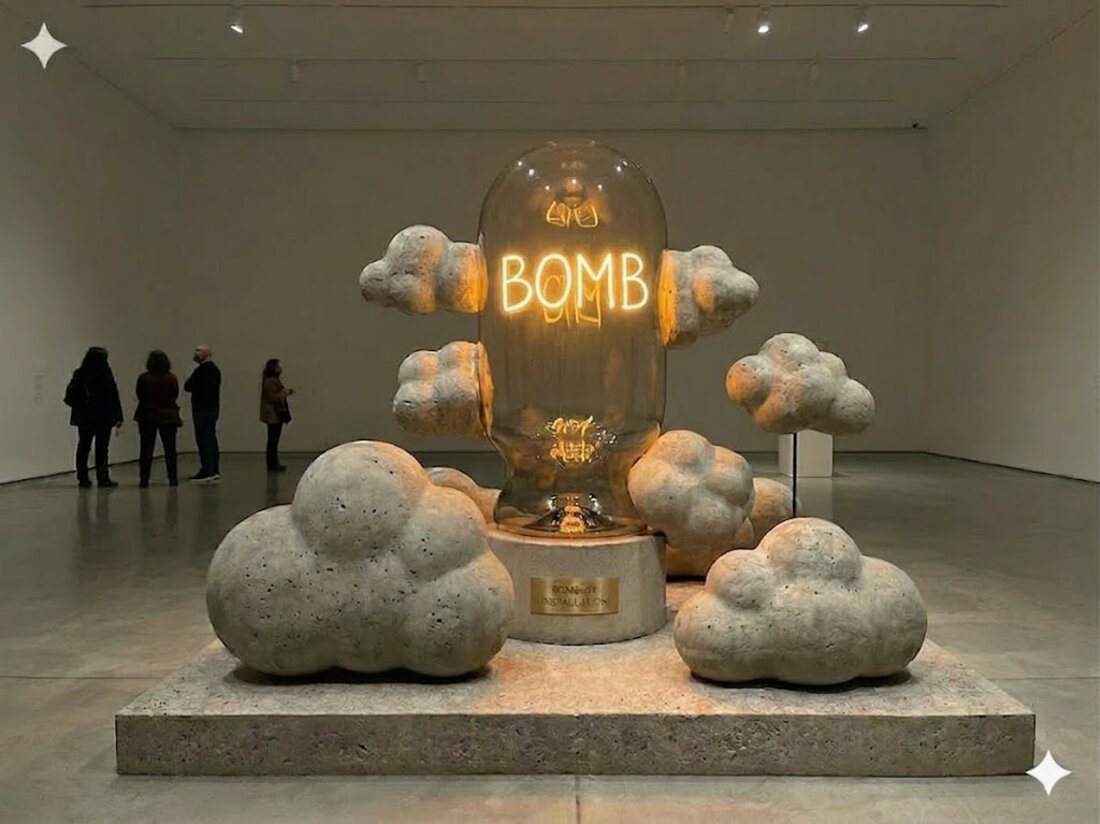 Cloud cluster with neon BOMB sign